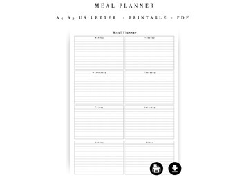 May include: A white digital meal planner template with black text. The header reads MEAL PLANNER, A4 A5 US LETTER - PRINTABLE - PDF. The layout features eight lined sections labeled Monday through Sunday and Notes, with printer and download icons.