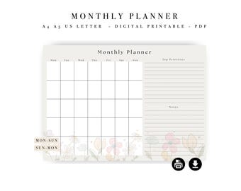 Modèle d'agenda mensuel - Calendrier de productivité minimaliste (A4, A5, lettre US) (téléchargement numérique)