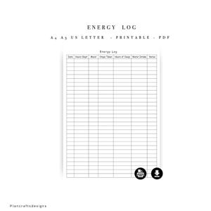 May include: A black and white printable energy log template featuring a grid with columns for Date, Hours Slept, Mood, Steps Taken, Hours of Sleep, Water Intake, and Notes. The text reads ENERGY LOG, A4 A5 US LETTER - PRINTABLE - PDF, and Plancraftsdesigns.