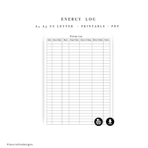 Printable Energy Log Template - A4 A5 US Letter (Instant Download)