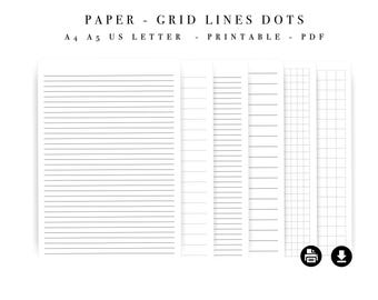 Papier pour notes quadrillé et quadrillé – Modèles de graphiques avec lignes, pointillés (téléchargement instantané)