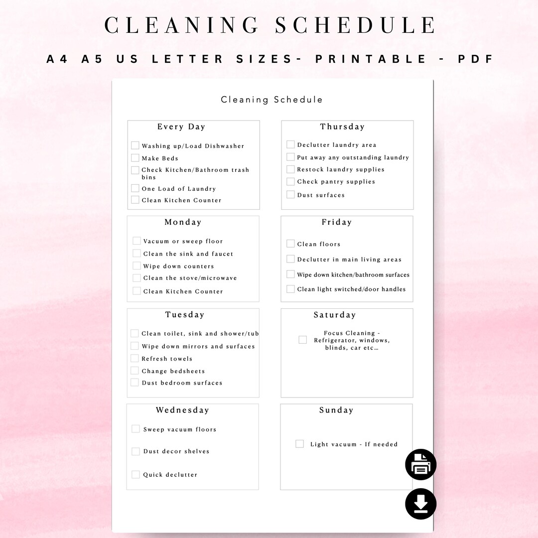 Clean Sheets Note Weekly Cleaning Schedule List Printable Planner Template - Note Paper ...