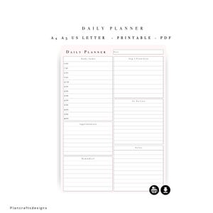 May include: A printable daily planner PDF template with a light pink border. The layout includes sections for Daily Tasks with hourly slots from 6 AM to 10 PM, Top 3 Priorities, To Do List, Appointments, Notes, and Reminders. Text reads Daily Planner.