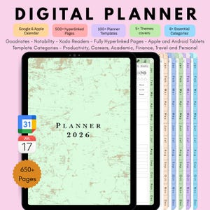 Pode incluir: Um planejador digital com uma capa verde clara, o texto "PLANNER 2026" e um calendário mostrando 17 de julho. O planejador inclui mais de 650 páginas, mais de 500 páginas com hiperlinks e mais de 100 modelos.