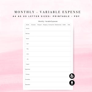 Puede incluir: Planificador imprimible de gastos variables mensuales en tamaños A4, A5 y US Letter. El planificador blanco presenta una tabla con categorías para el seguimiento de gastos como comestibles, transporte y entretenimiento. El título dice "Monthly - Variable Expense".
