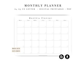Agenda mensuel minimaliste - Programme hebdomadaire mensuel quotidien, modèle de productivité (téléchargement numérique)