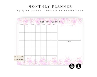 Agenda mensuel floral - Calendrier de productivité minimaliste (A4, A5, lettre US) (téléchargement numérique)