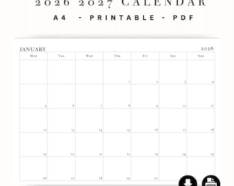 Modèle de calendrier mensuel 2026 2027 - PDF imprimable paysage minimaliste