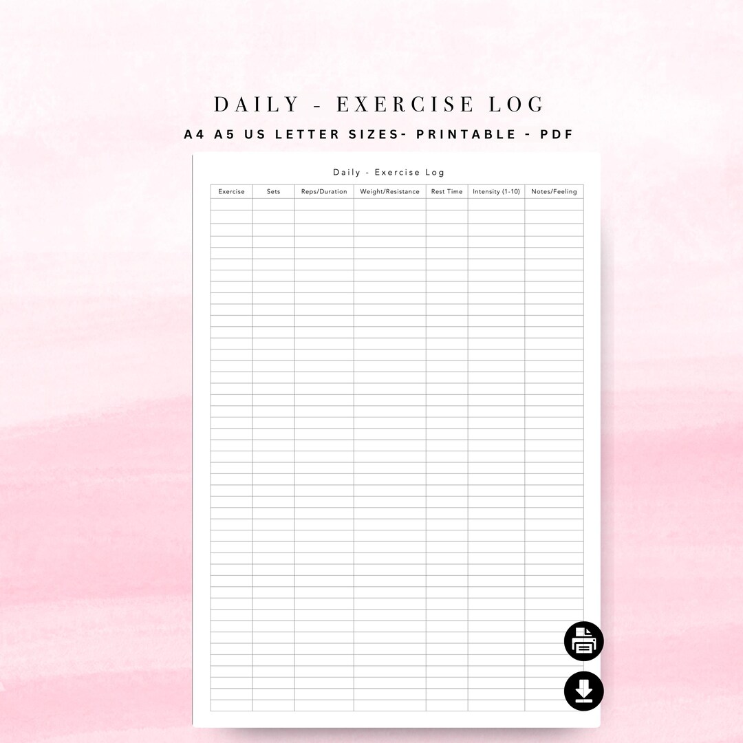 Printable Daily Exercise Log Template - A4 A5 US Letter (instant ...