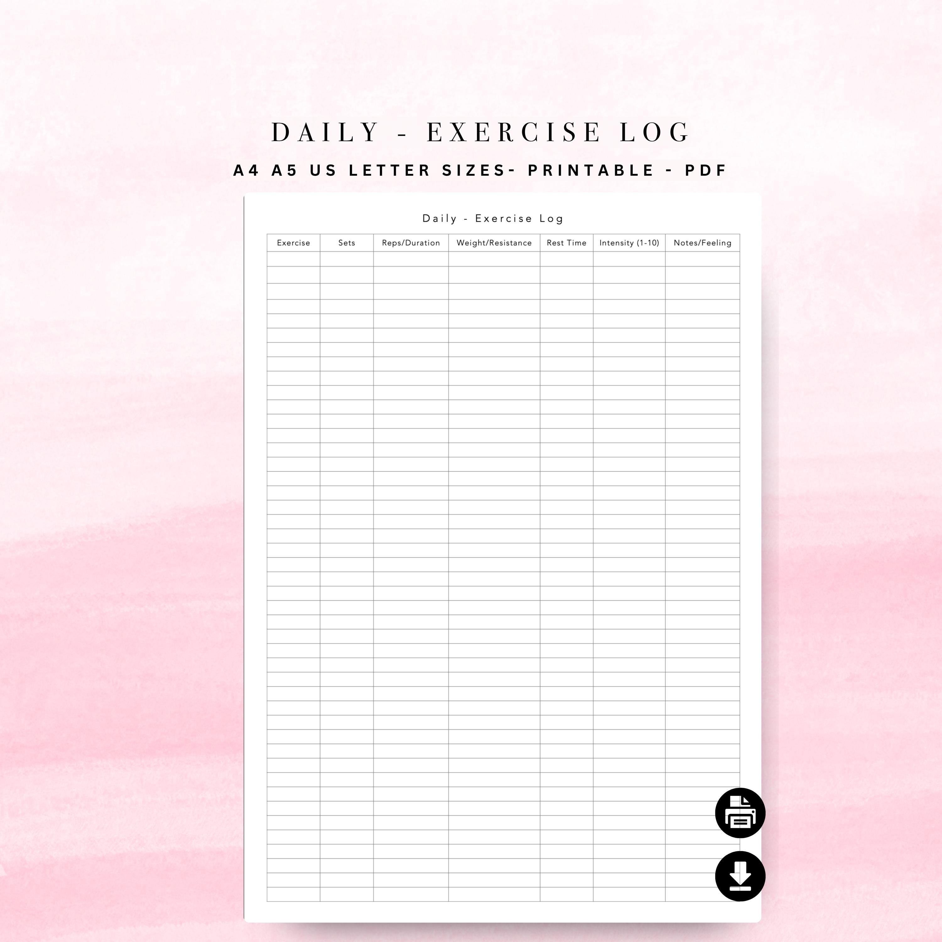 Printable Daily Exercise Log Template - A4 A5 US Letter (instant ...