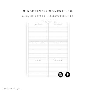 Könnte beinhalten: Ein weißes, druckbares PDF-Achtsamkeitsprotokoll mit sechs linierten Abschnitten, beschriftet mit Trigger/Situation, How You Respond, Alternative Mindful Response, Mood Rating, Stress Level und Results/Feelings, sowie Drucker- und Download-Symbolen.
