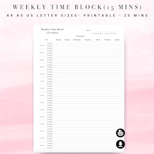 Op de afbeelding: Printbaar wekelijks tijdsblokschema in US Letter, A4 en A5 formaten. Het schema is ontworpen in een minimalistische stijl met een witte achtergrond en zwarte tekst. De tijdsblokken zijn in stappen van 15 minuten, met ruimte voor dagelijkse planning.