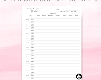 Weekly Time Block Planner – 15 Minute Schedule, Daily Template (Printable)