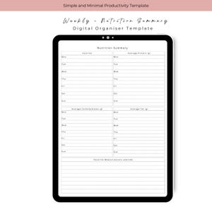 May include: A digital tablet displaying a Weekly Nutrition Summary template. The screen shows sections for Calories, Average Protein, Average Carbohydrates, and Average Fat, with rows for each day of the week and a section for Favorite Meals/Lessons Learned.