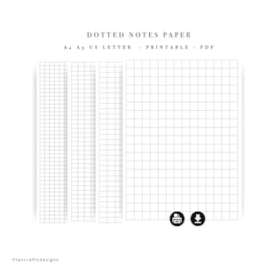 Puede incluir: Papel de notas con puntos en formato PDF imprimible A4, A5 y US Letter. La imagen muestra un patrón de cuadrícula sobre papel blanco con líneas negras finas. Dos iconos circulares aparecen en la parte inferior derecha: impresora y descarga.