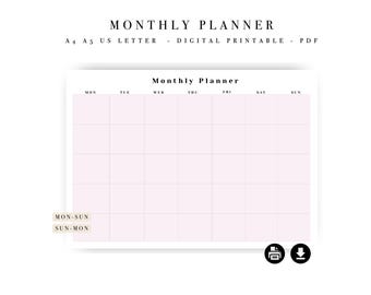 Agenda mensuel minimaliste - Calendrier de productivité (A4, A5, lettre US) (téléchargement numérique)