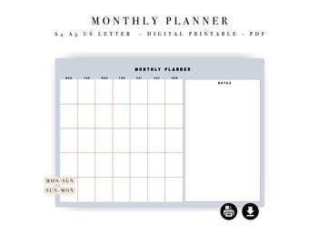 Agenda mensuel minimaliste - Calendrier de productivité (A4, A5, lettre US) (téléchargement numérique)