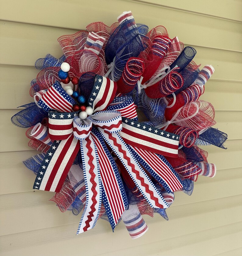 Patriotic Wreath for Front Door, Red White Blue Mesh Wreath, 4th of ...