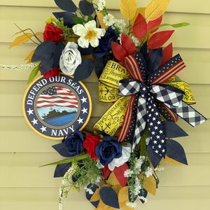 Navy Front Door Wreath, Patriotic Military Decor, Red White Blue Wreath, Veteran Gift