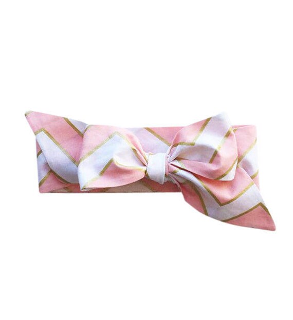 Items similar to Fabric Bow Headwrap - Pink and Metallic Gold Chevron ...