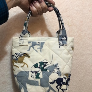 Vintage Horse Racing Quilted Mini Tote Bag – Jockey, Snaffle Bit Print Kentucky Derby chic party