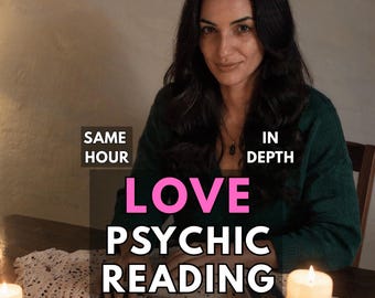 May include: A person wearing a dark green sweater sits at a table with three lit white candles and tarot cards. Text overlay reads: SAME HOUR IN DEPTH LOVE PSYCHIC READING. The scene is set on a white crocheted lace mat on a wooden table.