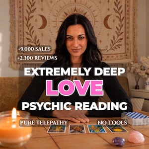 May include: A person with long dark hair sits at a table with four tarot cards, a lit orange candle, and two crystals. Text overlays read +9.000 SALES, +2.300 REVIEWS, EXTREMELY DEEP LOVE PSYCHIC READING, PURE TELEPATHY, and NO TOOLS.