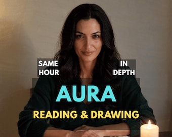 May include: A person wearing a dark green sweater sits behind a table with three lit white candles and a deck of cards. Text on the image reads: SAME HOUR, IN DEPTH, AURA, READING & DRAWING. The person has long dark hair and is looking forward.