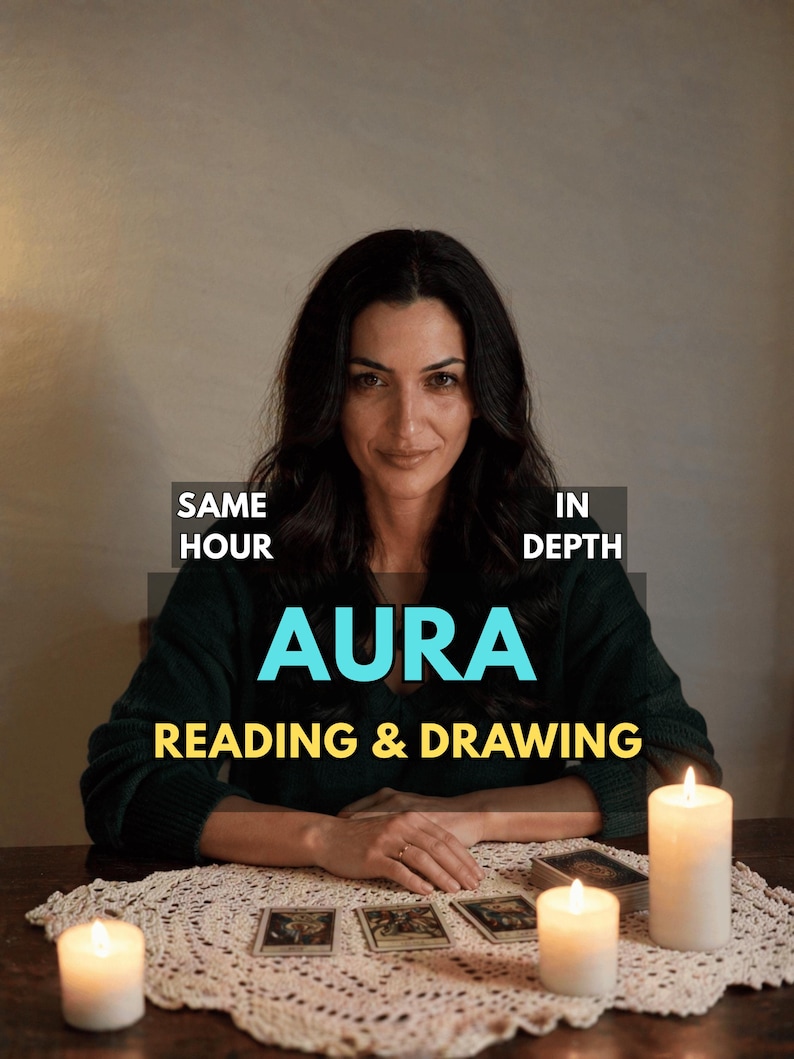 May include: A person wearing a dark green sweater sits behind a table with three lit white candles and a deck of cards. Text on the image reads: SAME HOUR, IN DEPTH, AURA, READING & DRAWING. The person has long dark hair and is looking forward.