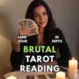 May include: A deck of tarot cards held in a hand, with three cards laid out on a crocheted mat between two lit white candles. The text reads: SAME HOUR, IN DEPTH, BRUTAL TAROT READING. The cards feature traditional illustrations and gold-toned borders.