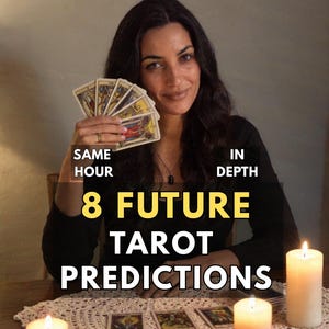 May include: A set of tarot cards held in a fan shape and three cards laid out on a white lace doily. Three lit white pillar candles are placed around the cards. Text on the image reads: SAME HOUR IN DEPTH 8 FUTURE TAROT PREDICTIONS.