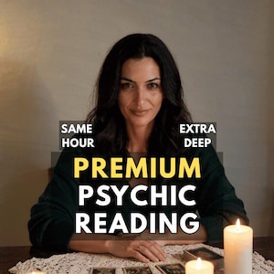 May include: A person with dark hair wearing a dark green jumper sits at a table with three lit white candles and tarot cards on a white lace doily. Text overlay reads: SAME HOUR, EXTRA DEEP, PREMIUM PSYCHIC READING in white and yellow.