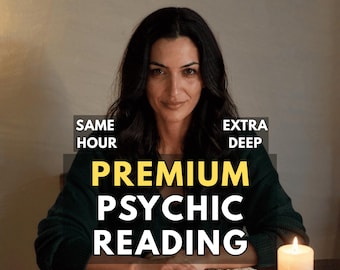 May include: A person with dark hair wearing a dark green sweater sits at a table with three lit white candles and tarot cards on a white lace doily. Text overlay reads: SAME HOUR, EXTRA DEEP, PREMIUM PSYCHIC READING in white and yellow.
