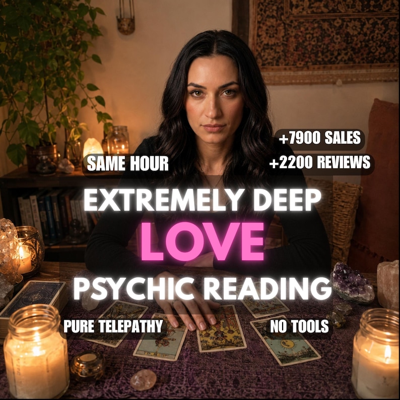 K&ouml;nnte beinhalten: Eine Person mit langem dunklem Haar sitzt an einem Tisch mit Tarotkarten, Kerzen und Kristallen. Der Text lautet: +7900 SALES, +2200 REVIEWS, SAME HOUR, EXTREMELY DEEP LOVE PSYCHIC READING, PURE TELEPATHY und NO TOOLS vor einem dunklen Hintergrund.