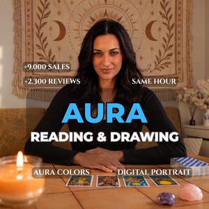 May include: A person with long dark hair wearing a black long-sleeve shirt sits at a table with tarot cards, a lit orange candle, and crystals. Text overlays read +9.000 SALES, +2.300 REVIEWS, SAME HOUR, AURA READING & DRAWING, AURA COLORS, DIGITAL PORTRAIT.