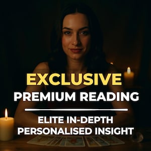 May include: A person sits behind a row of tarot cards with two lit candles on either side. The text reads EXCLUSIVE PREMIUM READING and ELITE IN-DEPTH PERSONALIZED INSIGHT. The scene is dimly lit with a dark background and warm candle glow.