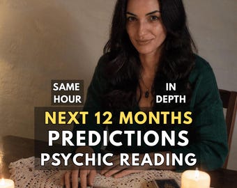 May include: A person in a dark green sweater sits at a table with tarot cards and three lit white candles. Text overlay reads: SAME HOUR, IN DEPTH, NEXT 12 MONTHS, PREDICTIONS, PSYCHIC READING. The person has long dark hair and a necklace.