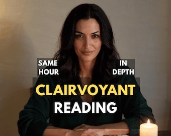 May include: A person in a dark green sweater sits at a table with three tarot cards and three lit white candles on a white lace doily. Text overlay reads: SAME HOUR, IN DEPTH, CLAIRVOYANT READING.