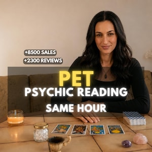 May include: A psychic reading service for pets featuring the text PET PSYCHIC READING SAME HOUR, +8500 SALES, and +2300 REVIEWS. The display includes four tarot cards laid out on a tiled table, a lit candle, a small jar, and two crystals.