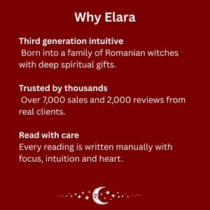 K&ouml;nnte beinhalten: Eine dunkelrote Infografik mit wei&szlig;em Text unter dem Titel Why Elara. Sie enth&auml;lt drei Abschnitte: Third generation intuitive, Trusted by thousands mit &uuml;ber 7.000 Verk&auml;ufen und 2.000 Bewertungen sowie Read with care. Unten ist ein Mondsymbol.