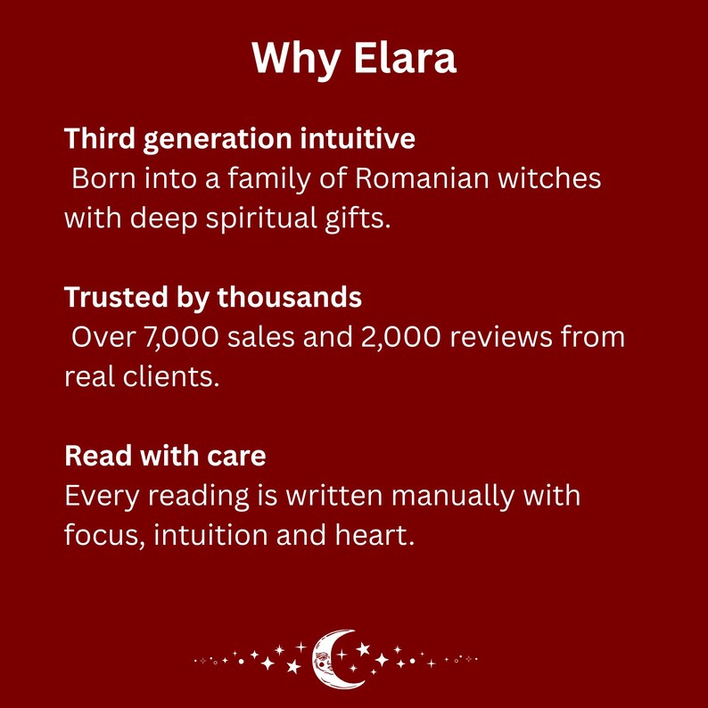 K&ouml;nnte beinhalten: Eine dunkelrote Infografik mit wei&szlig;em Text unter dem Titel Why Elara. Sie enth&auml;lt drei Abschnitte: Third generation intuitive, Trusted by thousands mit &uuml;ber 7.000 Verk&auml;ufen und 2.000 Bewertungen sowie Read with care. Unten ist ein Mondsymbol.
