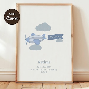 Plantilla de Canva para póster de nacimiento editable / Nombre y estadísticas del bebé imprimibles / Arte mural para habitación infantil Zeppelin / Rosa, azul, amarillo / Descarga instantánea