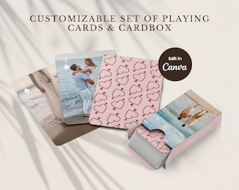 May include: A customizable set of playing cards and cardbox. The cards feature photos and a pink heart design. The cardbox is open, revealing the deck. Text on the image says "CUSTOMIZABLE SET OF PLAYING CARDS & CARDBOX" and "Edit in Canva."