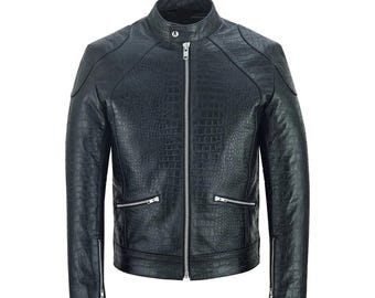 Men’s Luxury Black Crocodile Embossed Leather Jacket – Genuine Leather Biker Style Coat