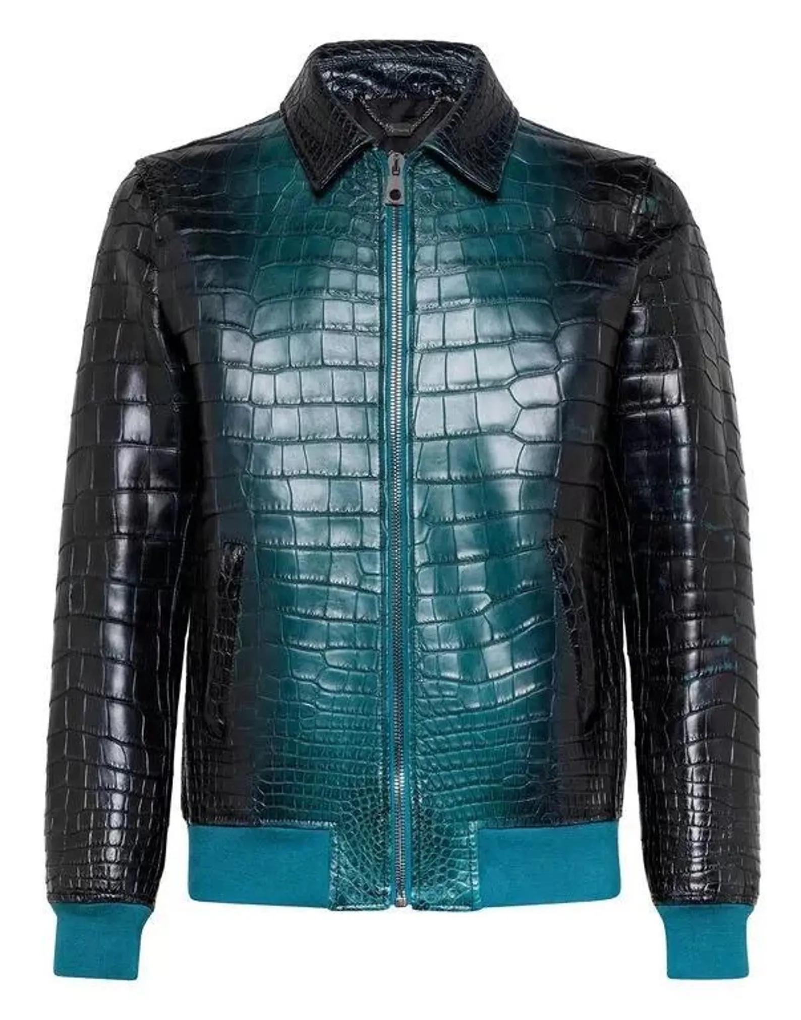 Luxury Embossed Crocodile Leather Jacket: Teal Blue & Black