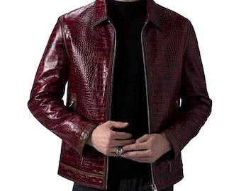 Blouson homme marron en cuir de vachette embossé crocodile - Manteau de luxe fait main de style motard