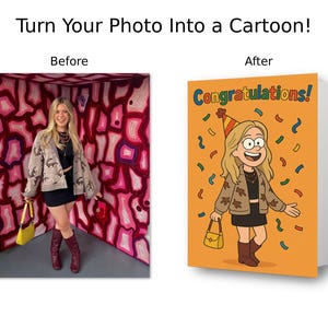 カスタム漫画似顔絵グリーティングカード - パーソナライズされた写真似顔絵、印刷可能な5×7デジタルダウンロード、ユニークな誕生日＆記念日ギフト