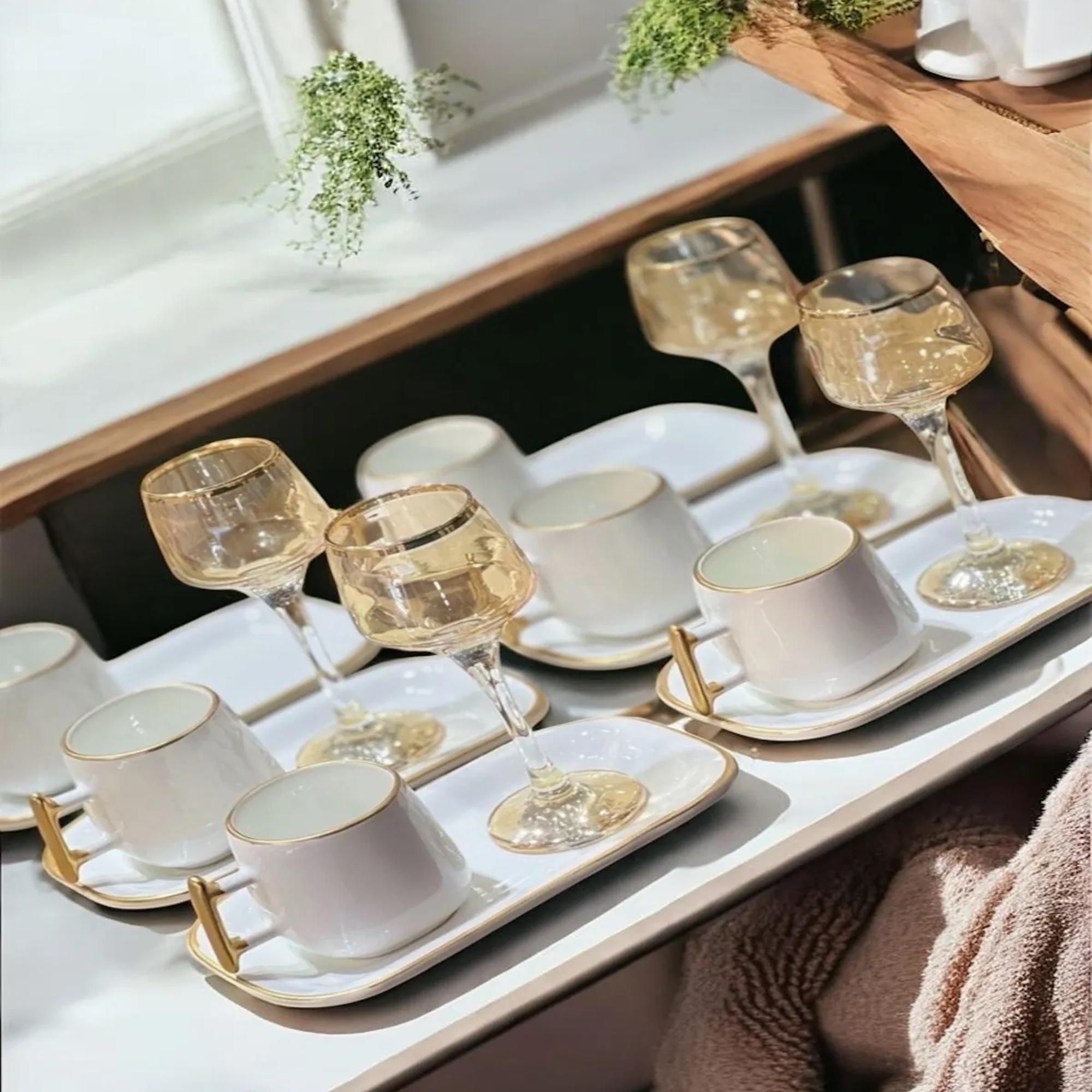 White Ceramic Turkish Coffee Set: Gold Handle Espresso Cups, 12
