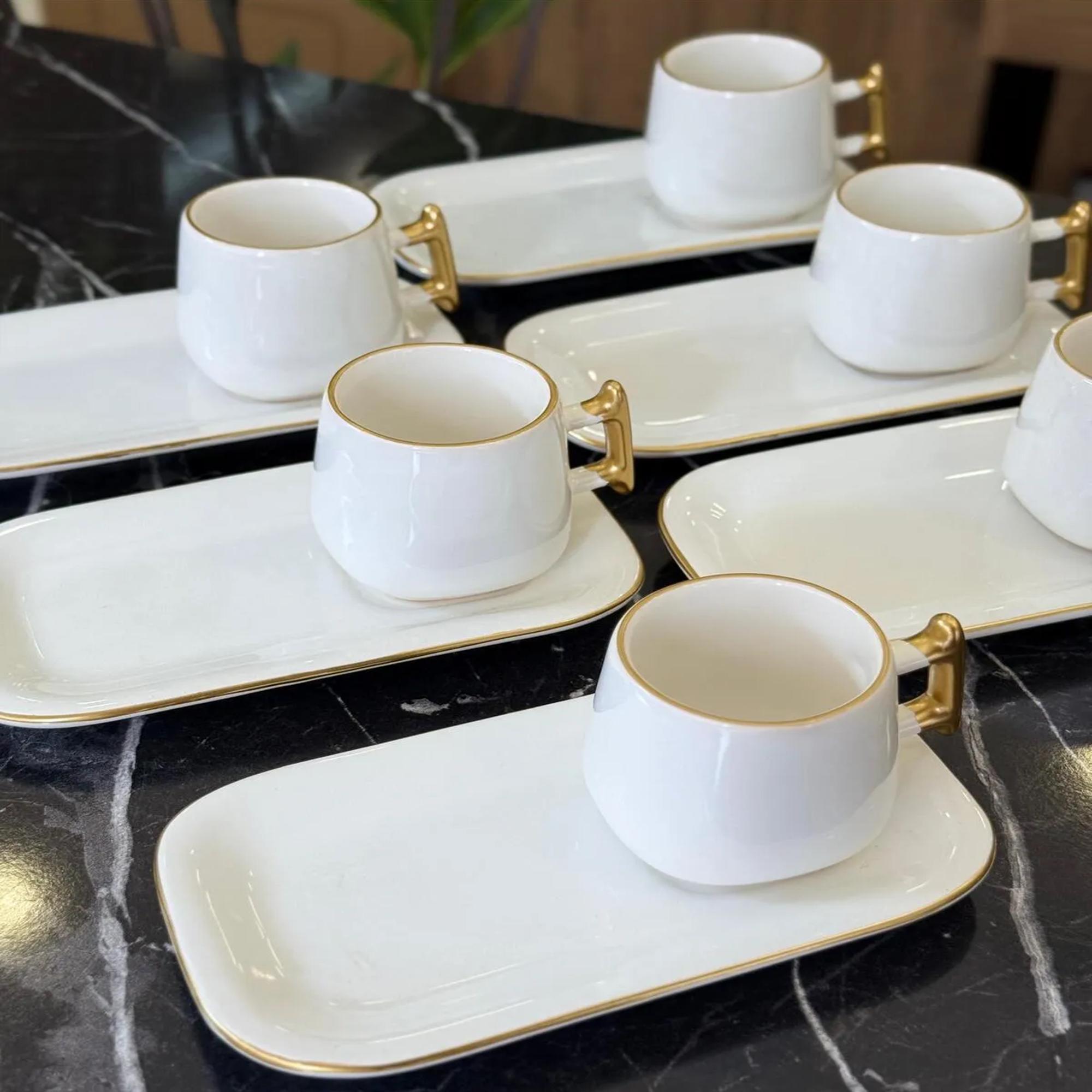 White Ceramic Turkish Coffee Set: Gold Handle Espresso Cups, 12