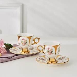 4-Piece Floral Porcelain Footed coffee cups, Turkish Coffee Cup and Saucer Set with Gold Trim, Vintage Style Coffee Cups for Elegant Serving